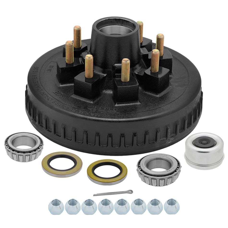 8 on 6.5 Trailer Hub Drum 12", 7,000 lb Axle, 25580/25520 & 14125A/14276 Bearing Kit - 9/16" Studs
