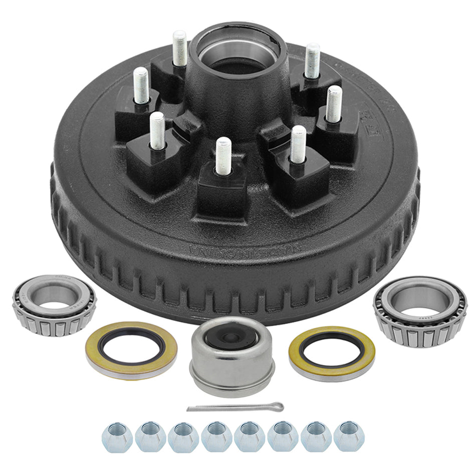 8 on 6.5 Trailer Hub Drum 12", 7,000 lb Axle, 25580/25520 & 14125A/14276 Bearing Kit - 1/2'-20 Studs