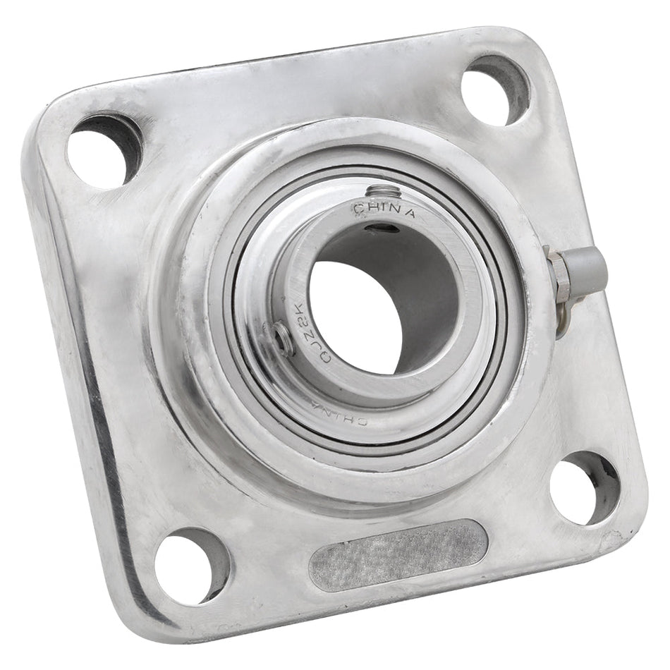 SSUCF205-16, Stainless Steel 4-Bolt Flange Mounted Unit Bearing, 1 in Bore (ID), Insert Bearing: UC205-16, Housing: F205, with Locking Collar
